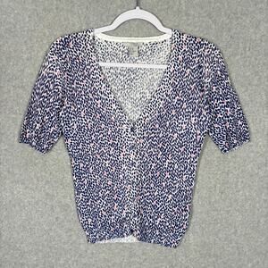 H&M Cardigan Sweater XS Blue Pink Leaf Print Cotton‎ Modal Soft Girl Coquette